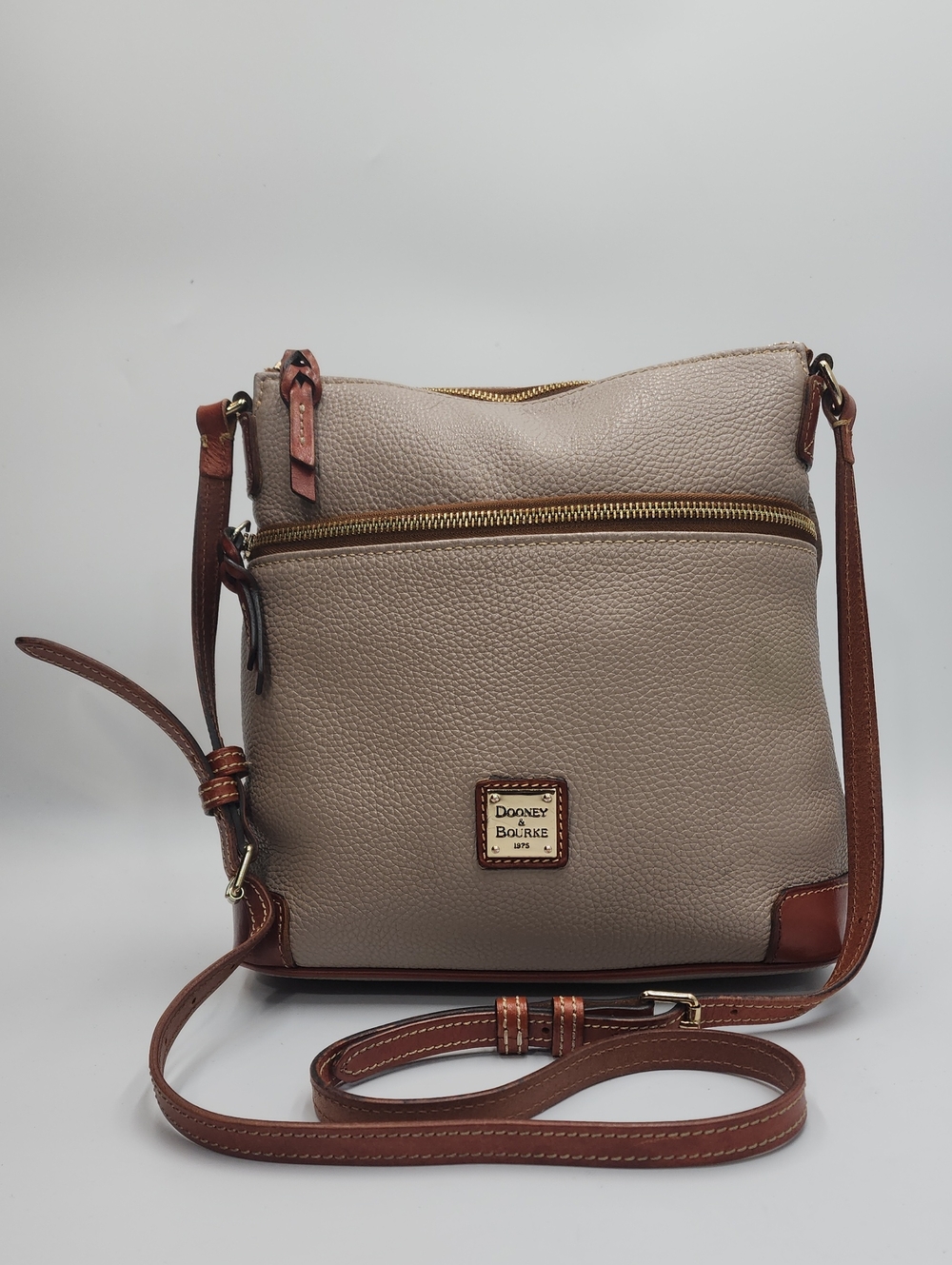 Dooney & Bourke Pebble Grain Leather Crossbody Bag Grey Taupe Letter Carrier